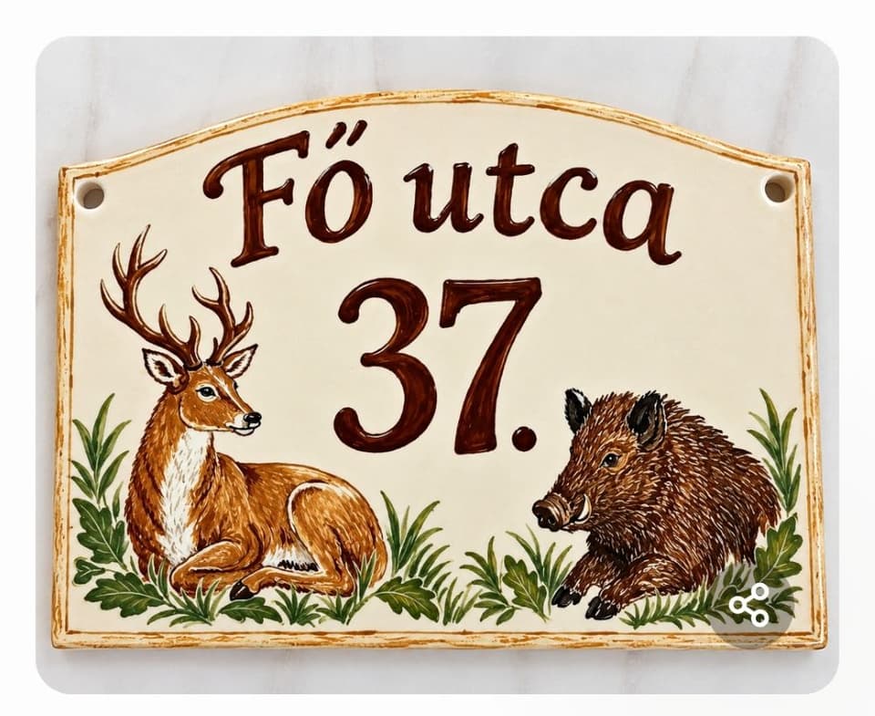 Kerámia házszám tábla festett szarvassa és vaddisznóval.